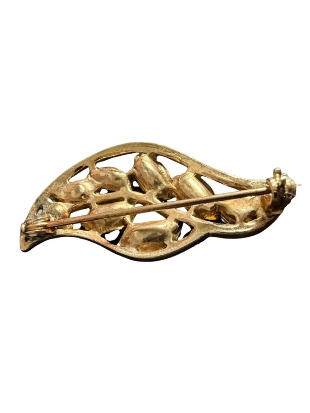 Vintage Blue Marquise Rhinestone Leaf Brooch – Gold‑Tone Mid‑Century Costume Jew